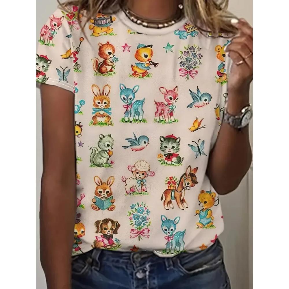 Sheep Dog Cat T-Shirts Animal Pattern 3D Print Women O-Neck Short Sleeves T Shirt Street Y2k Harajuku Tees Tops Female Clothing