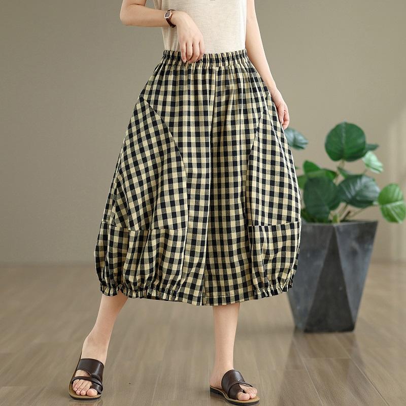 Rozmiar plus Vintage krata wysoki stan Casual luźne Lato szerokie nogawki Spodnie krzyżowe Kobiety Spodnie