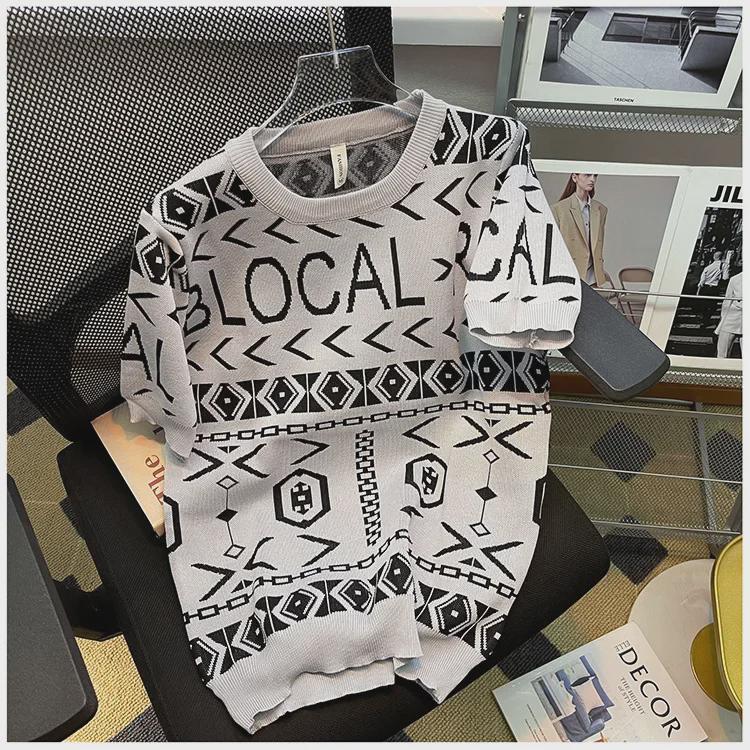 Men's 2023 Trendy Slim Fit Knitted Jacquard T-shirt: Ice Silk, Round Neck, Short Sleeve, Fashionable Letter Design