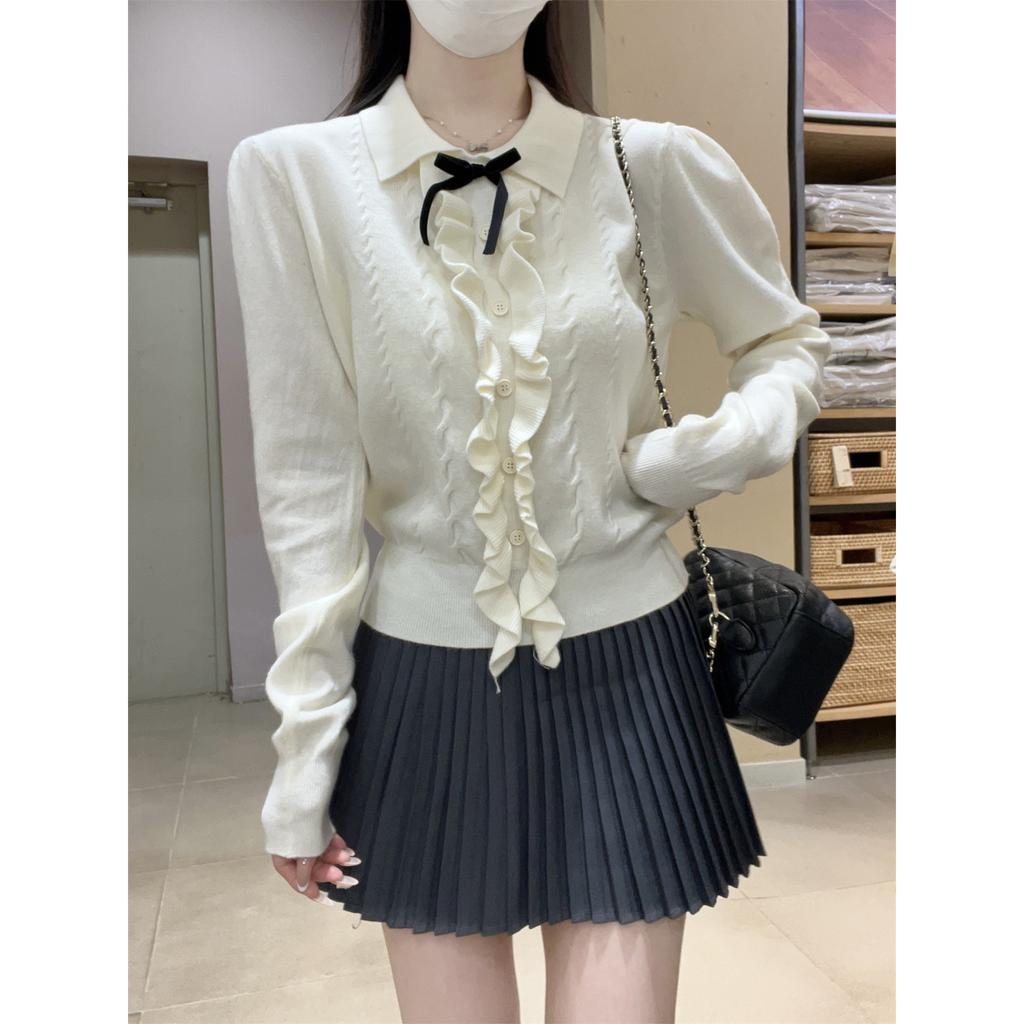Olo Neck Knitted Sweater Women's Fungus Edge Bow Long-sleeved Bottoming Shirt Autumn and Winter Design Sense Inner Top