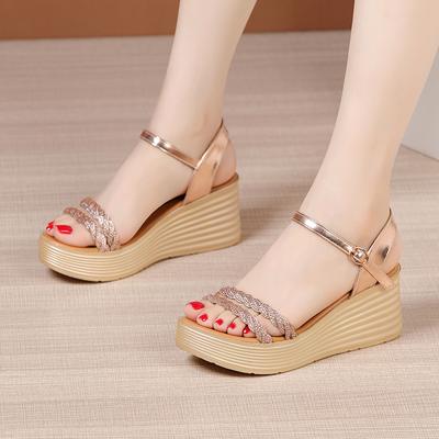 Hochwertige Keilsandalen für Damen 7cm High Heel Neu 2024 Sommer Gr. 33 34 42 43 Plateau Offene Zehenpartie Eleganter Schuh Schwarz Gold
