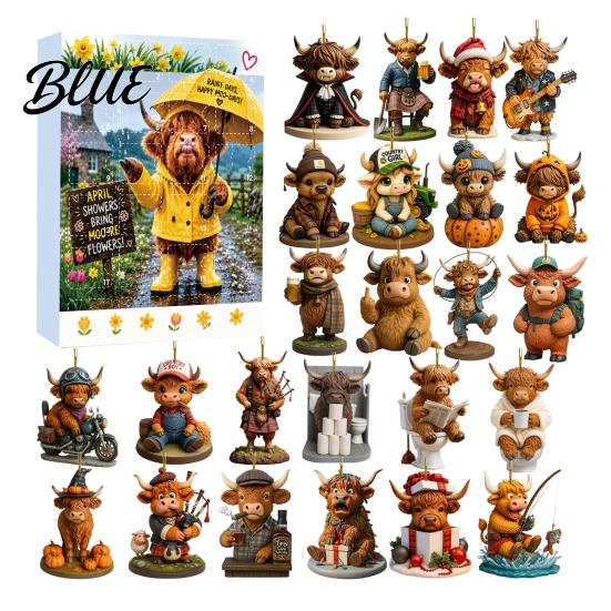 Highland Cow Theme Acrylic Decorative 2026 Calendar Advent Christmas Collection 2D Flat Pendants Ornaments 24 Days Countdown Gift for