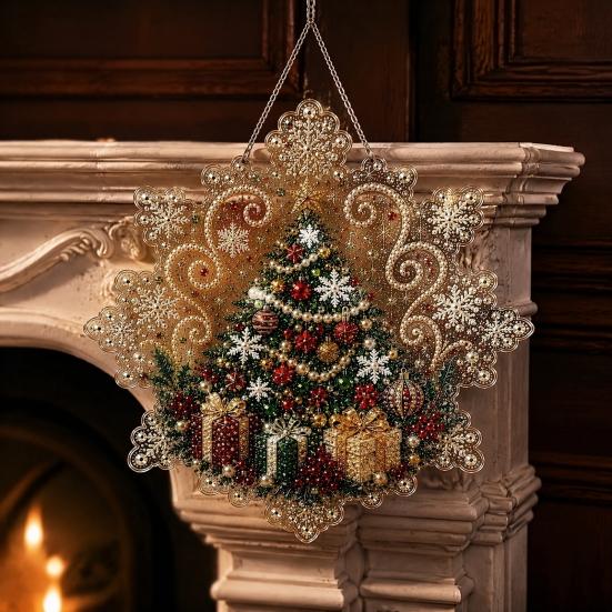 Handmade Christmas Tree Decor Faux Pearl Painting Suncatcher Kit, Acrylic Snowflake Shaped Board with Lace Relaxing Holiday Activity Edge, 3D Gemstone