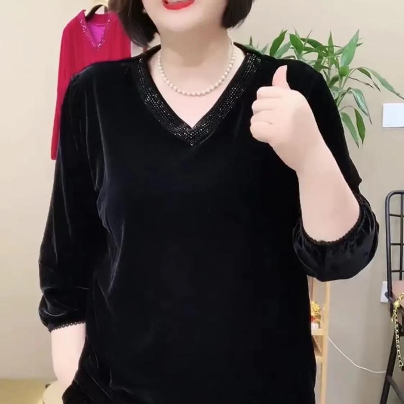 New Fashionable Loose Velvet Top for Women V-neck Solid Color Retro Elegant Pullover