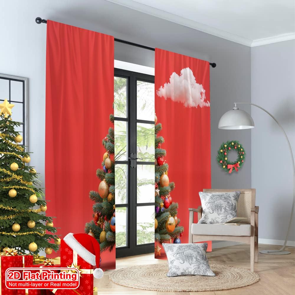2pcs 2D flat printing Merry Christmas Scene Curtains Christmas Tree Ornaments Festive 100% Polyester Without Electricity Festive