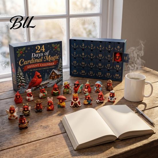 PVC Action Figures Red Bird Christmas Advent Calendar, 24 Unique Miniature Calendar for Collectors Figurines, Tree Hanging Ornaments Holiday