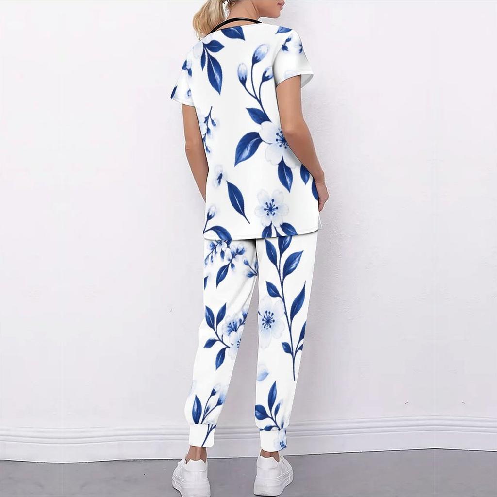 Women Plus Size Rose Printed Nurse Scrub Set V Neck Short Sleeve Pocket Top Long Pants