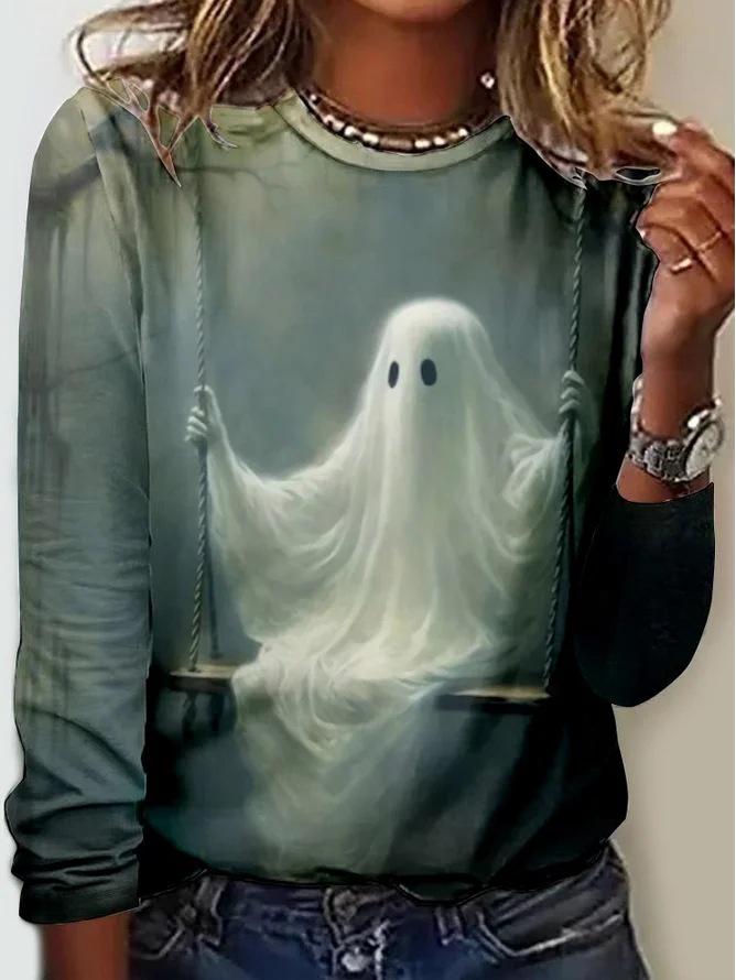 2024 European & American Women's Autumn/Winter Long-Sleeve Printed Round Neck T-Shirt