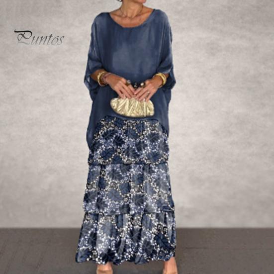 Abendkleid, mehrlagiges, verstreutes Kuchensaum, Kontrastfarbdruck, Maxikleid mit halblangen Ärmeln, Fledermausärmeln, weites Chiffonkleid mit Rundhalsausschnitt für Party und Abschlussball