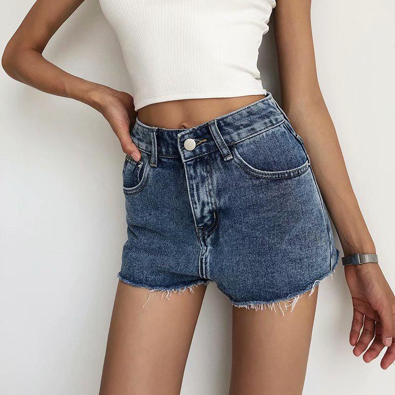 YPFF European & American High-Waist Distressed Denim Shorts for Women - Slimming, Raw Edge, Long Leg Style