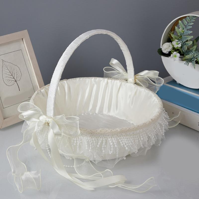 White Ruffle Flower Girl Basket with Lace and White Ribbon for Various Wedding Themes For Wedding Day