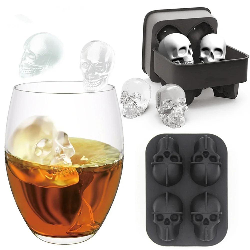 1pc Ice Cube Tray 3D Skull Ice Mold-Easy Release Silicone Mold 4 Cute and Funny Ice Skull for Whiskey Cocktails and Juice Beverages Black Ice Mold