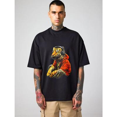 Oversize-T-Shirt mit schwarzem Tigermotiv (Kopfhörer und Kapuze) – Streetwear-Freizeitkleidung für Herren