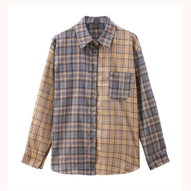 Fashion Printed Spliced Button Pockets Plaid Shirt Female Clothing  Spring and Autumn New Casual Tops Commuter Blouse