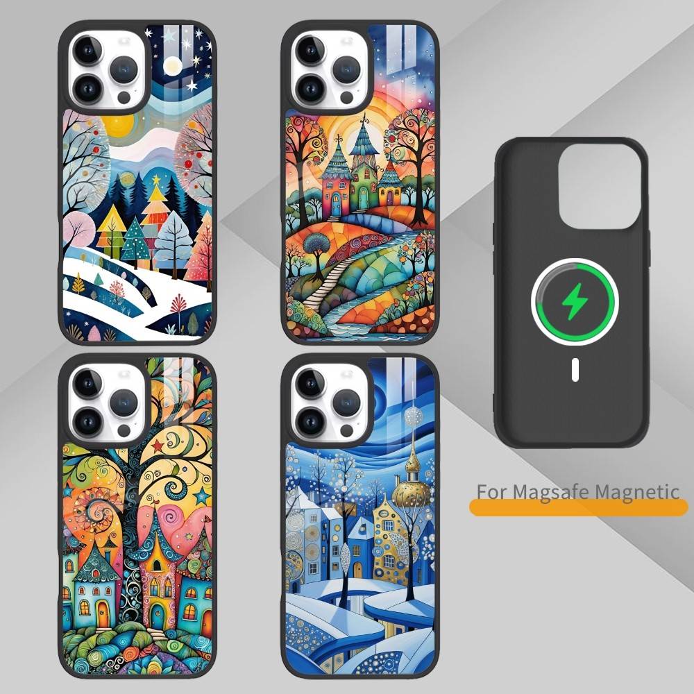 Whimsical Landscape Starry Night Phone Case For iPhone 14,16,15,13,17,12,Plus,Pro,Max Magnetic For Magsafe Frosted Cover