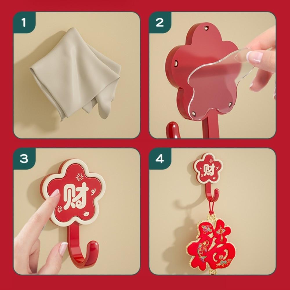 4pcs ABS Wall Mounted Hook Chinese Style Blessing Words Door Hook Red No Drill Spring Festival Hook Chinese New Year