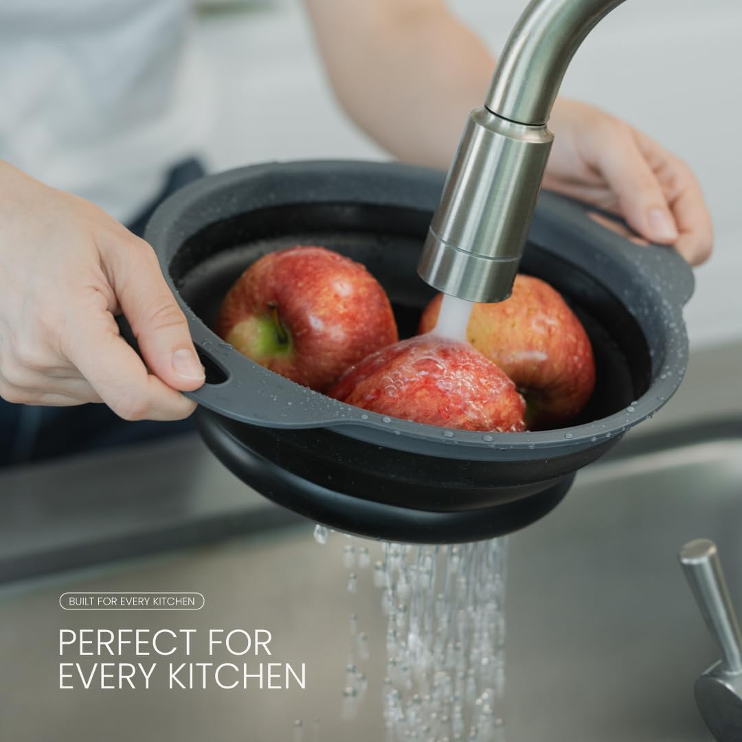 Collapsible Colander | 2-Pack Black Collapsible Strainer for Pasta, Fruits, & Vegetables | Compact Silicone Strainer Ideal for Straining all Sorts