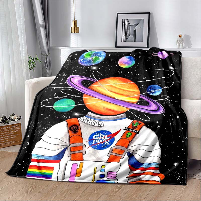 Space Astronaut Flannel Blanket, Soft Warm Throw with Cartoon Spaceman & Planet Print for Kids Bed Sofa, Cozy Bedding for Boys