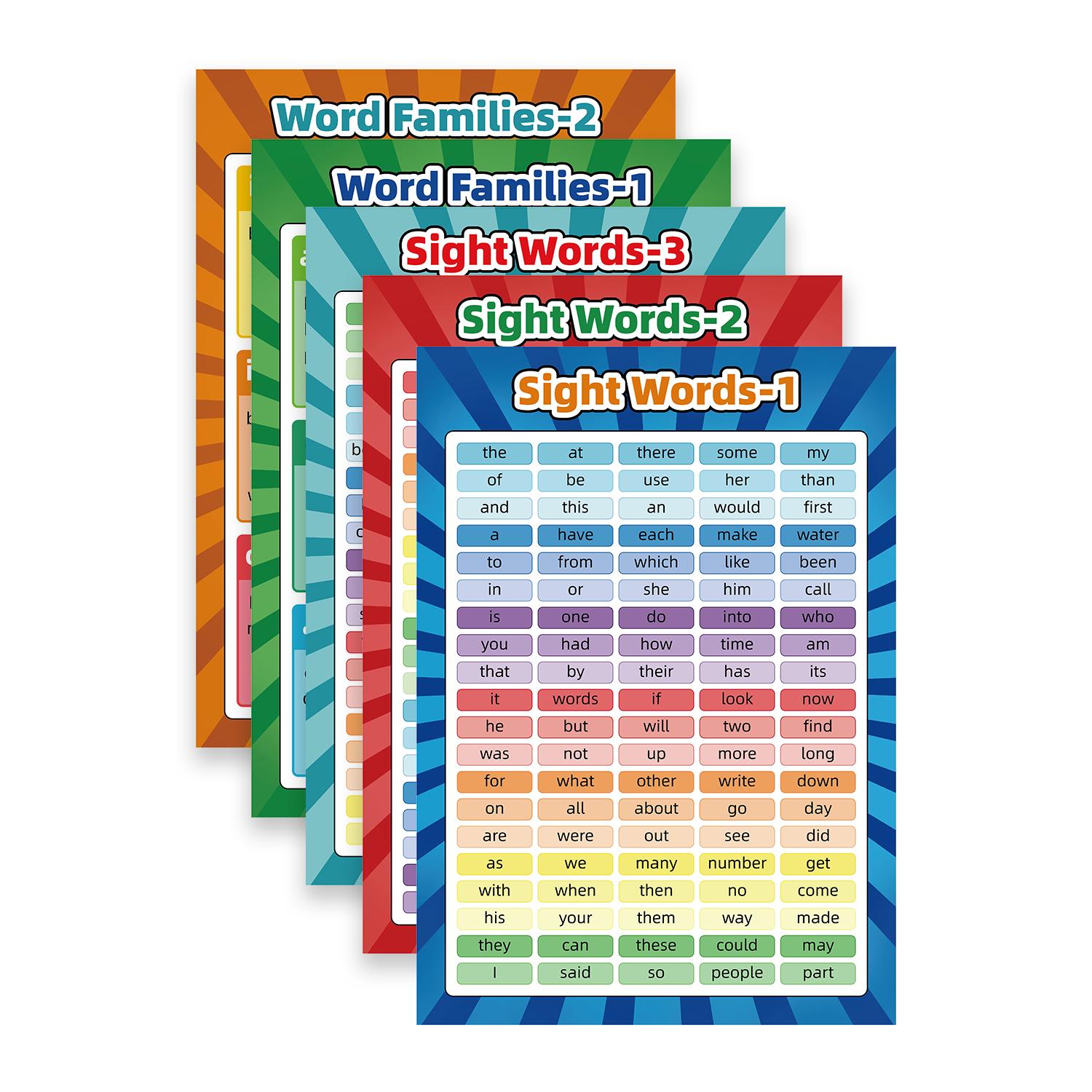 Sight Words and Word Families Educational Posters, English Beginner s Learning Kit, Boost Vocabulary & Reading Skills