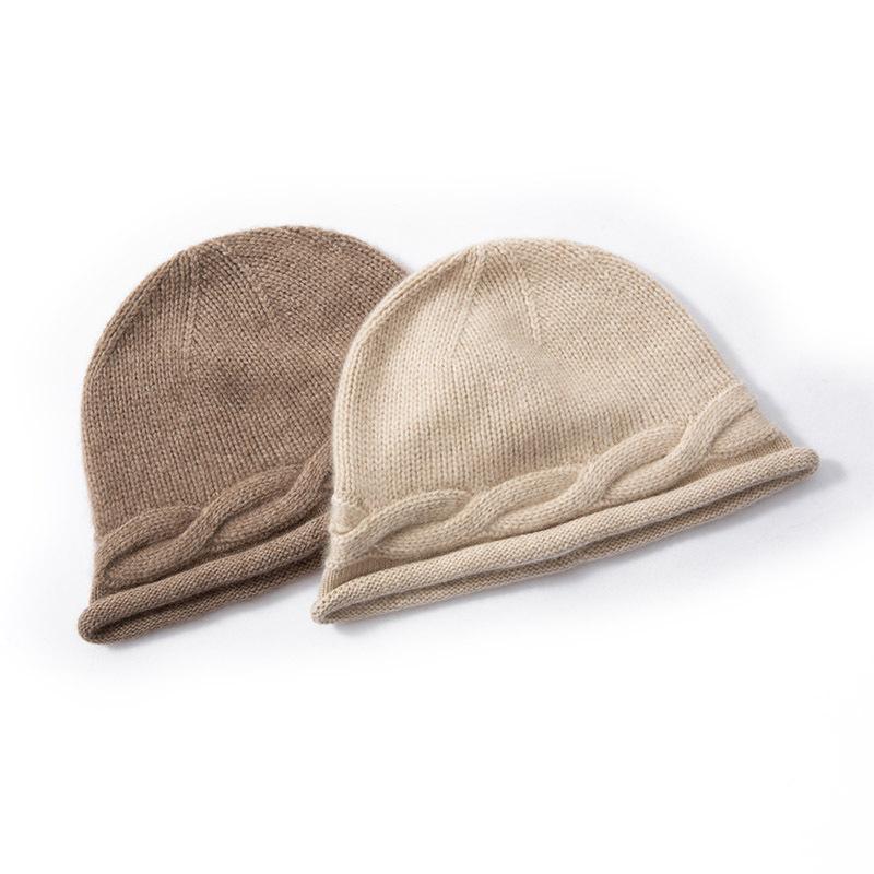 Pure Cashmere Autumn and Winter New Style Women's Cable Rolled Edge Thickened Ear Protection Warm Toe Cap Knitted Hat