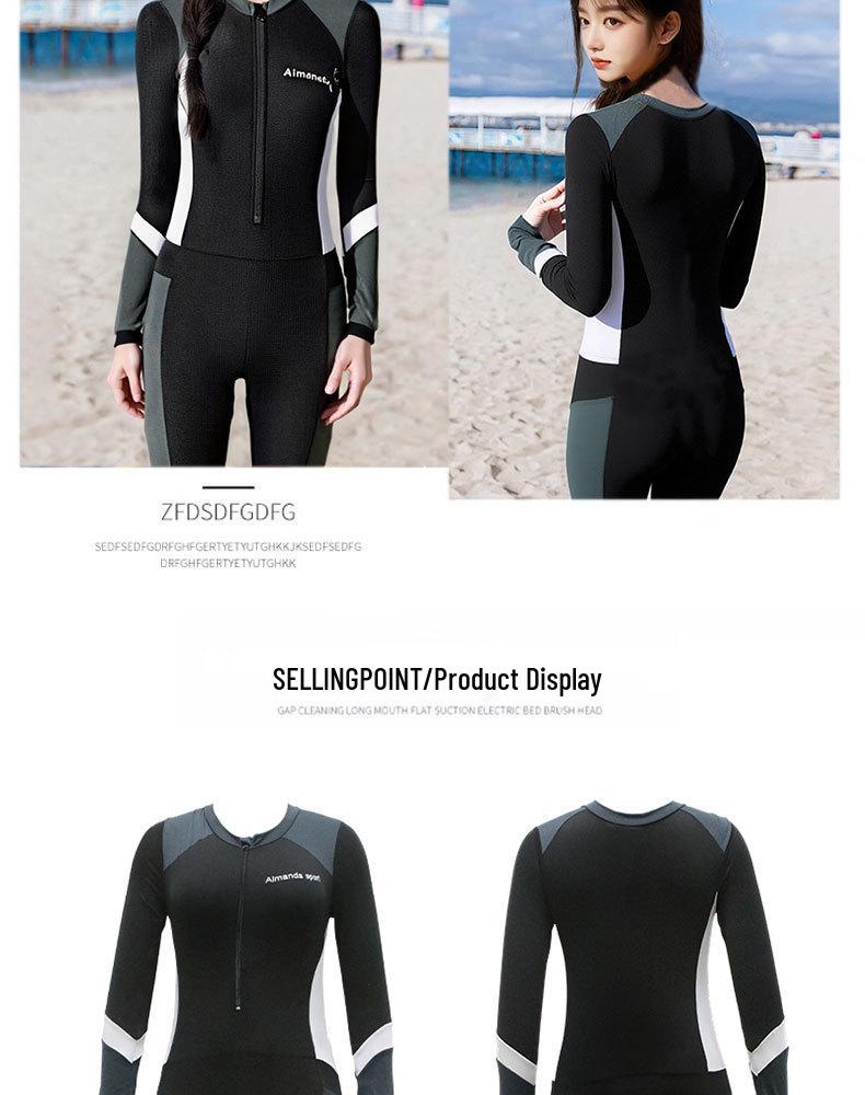 Sportlicher Langarm-Einteiler für Damen mit Sonnenschutz, Schlankmachendem Design und Patchwork für Surfen und Tauchen.