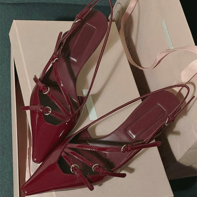 Fashion 2025 New Patent Leather One-Line Buckle Cat Sandals Women'S Black Silk Pointy Stiletto Heels