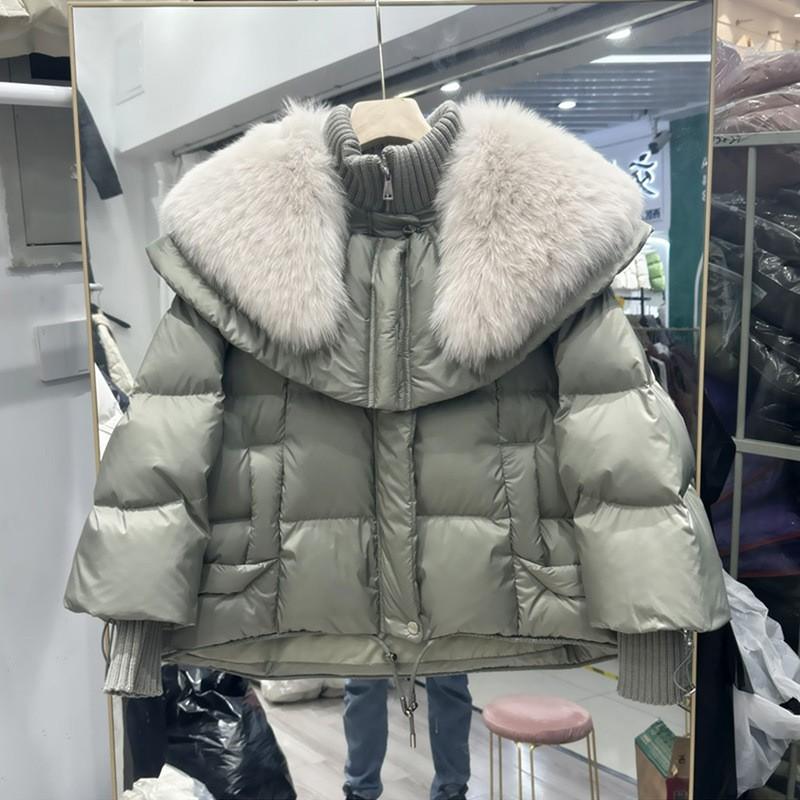 Womens Short Puffer Coat With Faux Fur Collar Loose Fit Thick Duck Down Winter Jacket Cold Weather