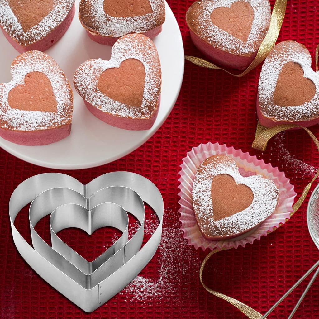 3PCS Heart Cookie Cutter Set, 4" 6" 8" Stainless Steel Sandwiches Cutter DIY Heart Cake Cutter Cake Molds Ring Set Mousse Mold Biscuit Cutter