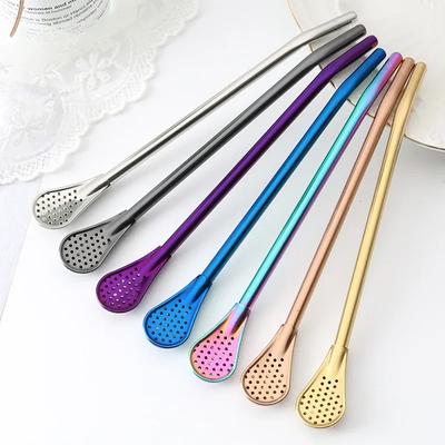 4PCS Filter Stirring Coffee Spoon Long Handle Drinking Straws Spoon Tea Strainer 304 Stainless Steel Straw Spoons Cleaning Brush