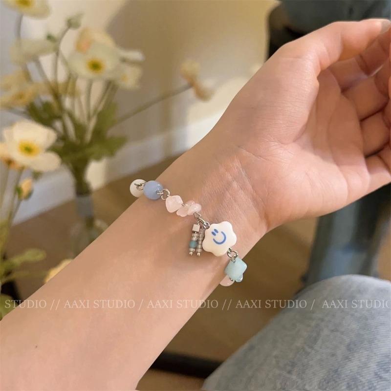 Milk Blue Cloud~ Handmade Beaded Bracelet Women's Tide Niche Design Smiley Face Bracelet Sweet and Cute Jewelry Versatile