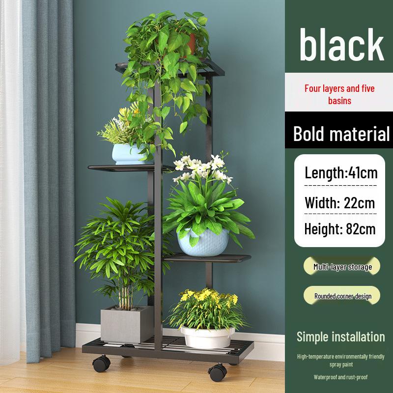 Multi-tier Wrought Iron Plant Stand: Movable Flower Pot Holder for Balcony or Living Room.