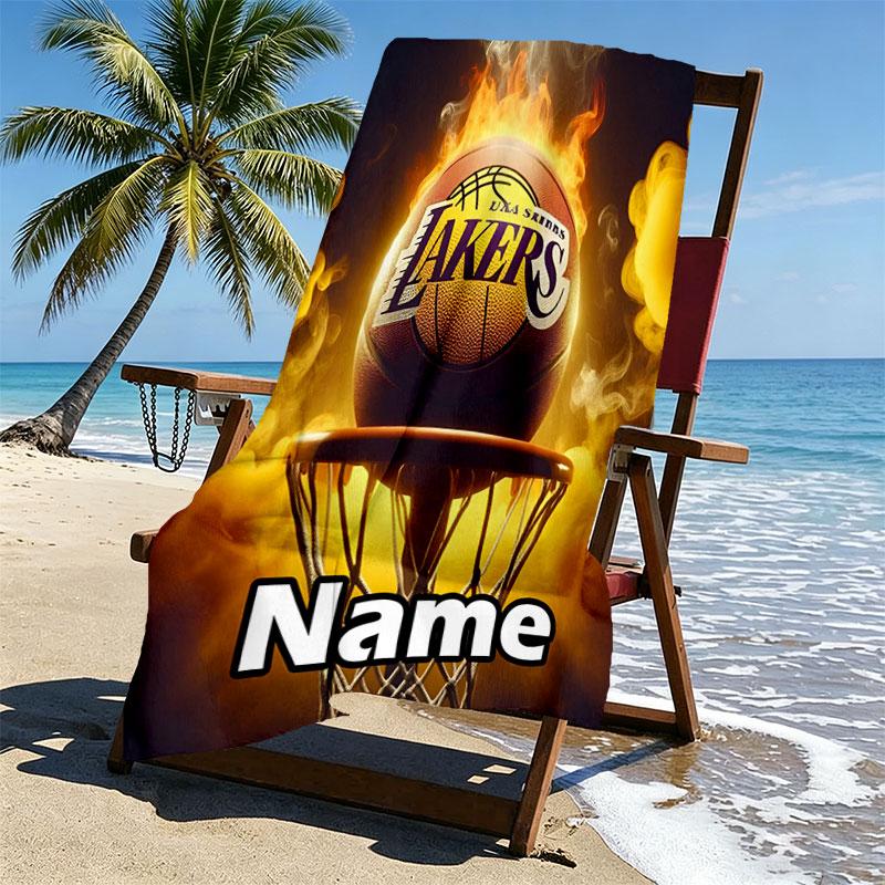Custom Name Personalized Los Angeles Lakers Basketball Print Beach Towel, for Trip Camping Beach Party Home Decor, Birthday Gift for Family & Friends