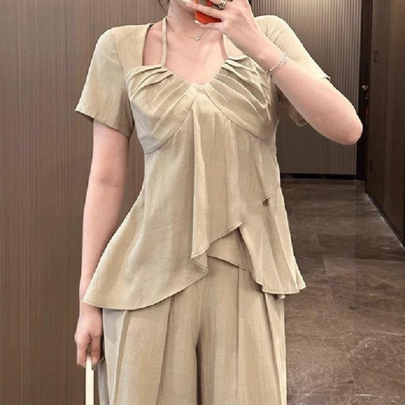 Giant Skinny Pear Shape Body Set Large Size Summer Set Short Sleeve Shirt + Trousers Two-piece Set Women