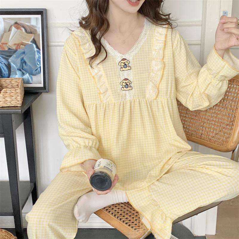 

Women s Pajamas Autumn Pure Cotton Long-sleeved Trousers Casual Two-piece Pajamas Women s Home Clothes Set M