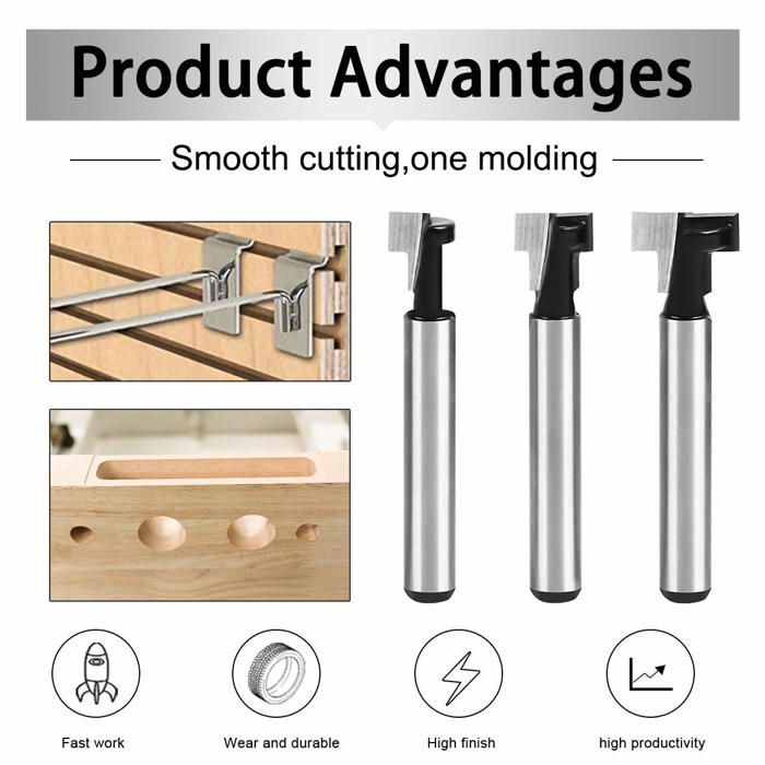 Fraises en T pour bois 3 pcs – tige 8 mm (Ø 7,93/9,52/12,7 mm) alliage YG6