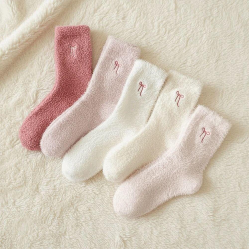 5Pairs Soft Women's Thickened Socks Cute Middle Tube Socks Simple Warm Home Socks  Autumn Winter