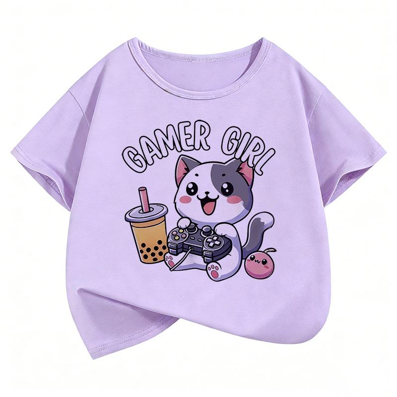 Funny Gamer Girl Cat Print Kids Short Sleeves T-Shirt Loose Casual Summer Outdoor Street Boy and Girl Tees Tops