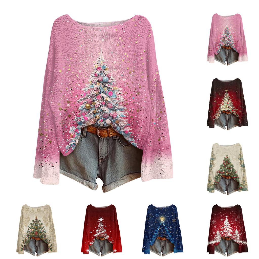 Ladies' Fashionable Casual Long Sleeved Christmas Printed Round Neck Knitted Yarn