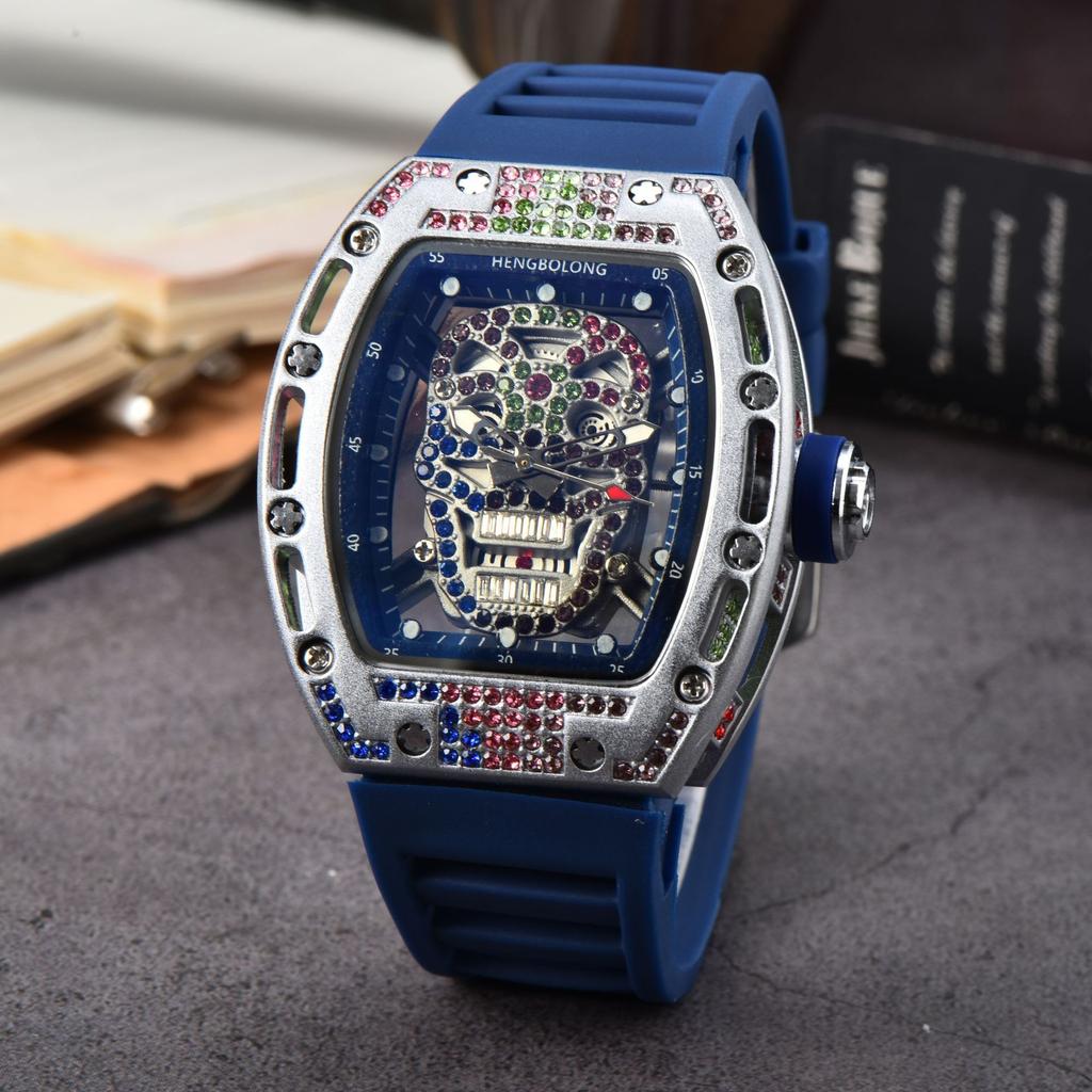 New Colored Diamond Skull Quartz Watch Spot Wholesale Fashion Business Diamond-encrusted Silicone Watch Men