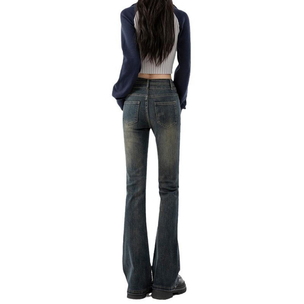 Personalized street high-waisted double-buckle micro-pull jeans women's spring and autumn new thin horseshoe jeans