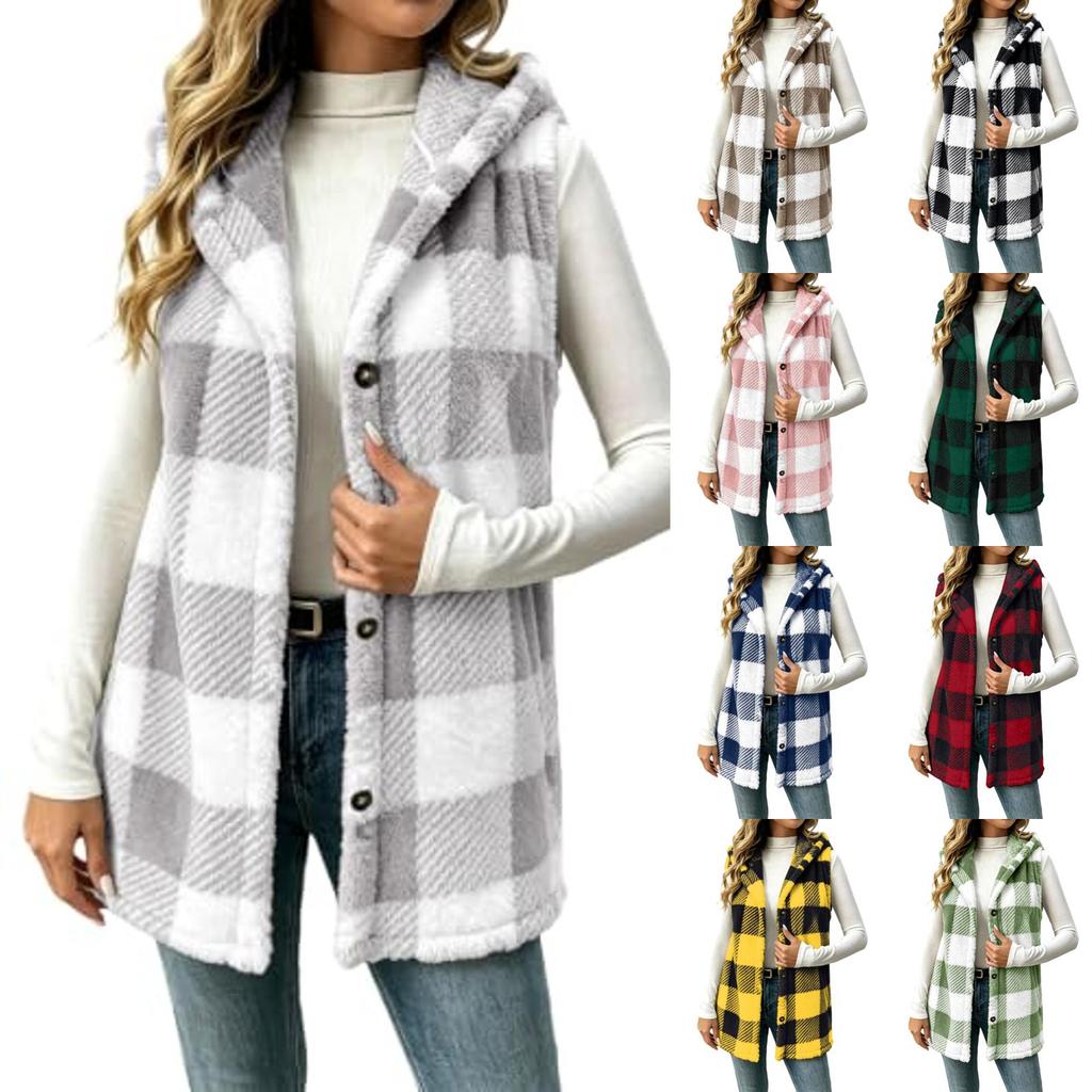 Women's Fashion Plaid Hooded Button-Front Vest Jacket
