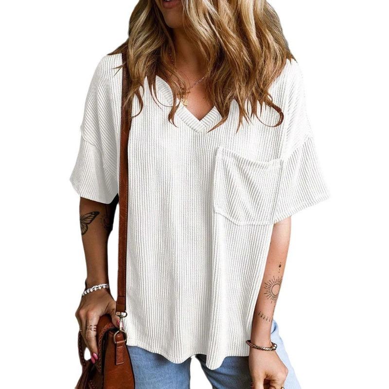 

2026 Spring and Summer New Fashion Two-color Twisted Bullet Pocket Short-sleeved V-neck Top for Women S белый