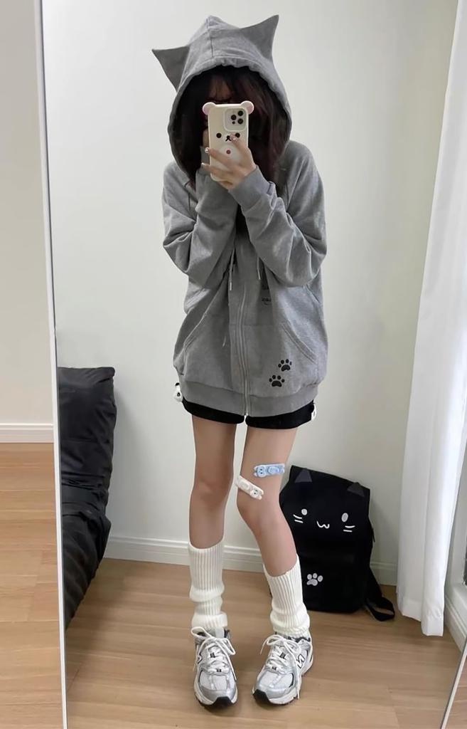 Hoodie with Cat Ear Long Sleeve Loose Harajuku Schoolgirl Mori Korean Plus Sizes Subculture Winter Women's Zip-Up Print, Pullover, Fit, Style, Style,