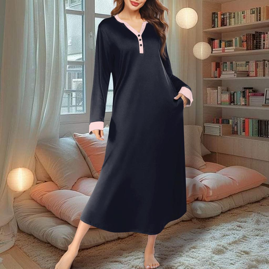 Women's Nightgown Long Housecoat V Neck Pajama Dress With Pockets