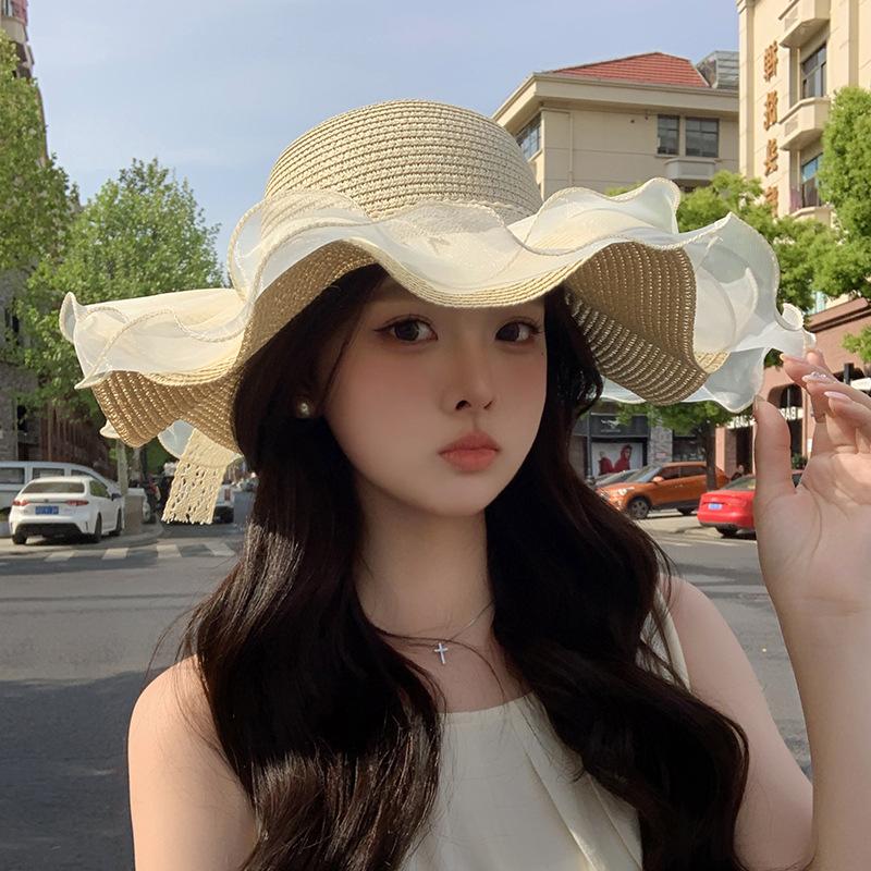 Mesh Bow Lace Straw Hat Summer Big Brim Sun Protection Sun Hat Seaside Beach Resort Sun Hat