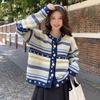 Blue Striped Women's Cardigan Round Collar Contrasting Long Sleeved Knitwear Korean Version Autumn New Style Sweet Woman Top