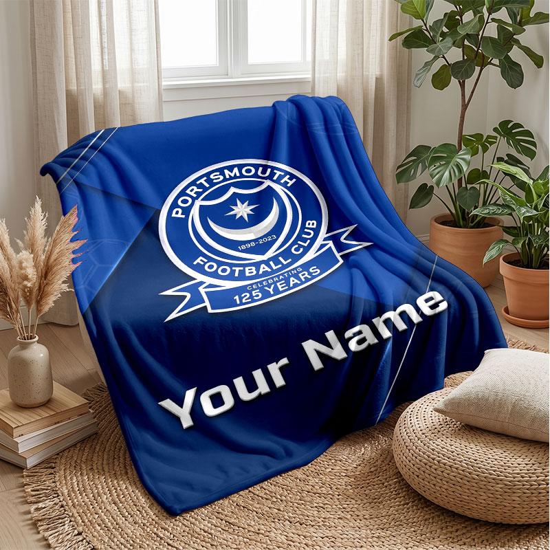 Portsmouth FC Custom Name Text Flannel Blanket Soccer Logo Personalized Fleece Throw Blanket Special Gift For Sofa Bedroom Home