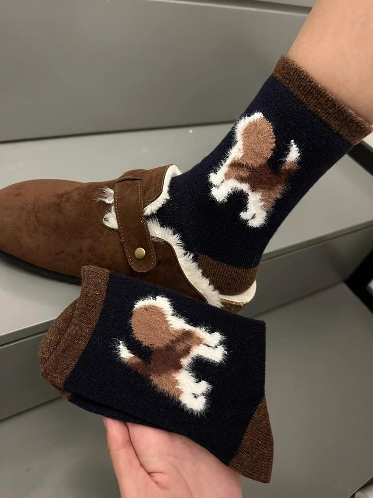 Autumn And Winter Brown Flocked Wool Medium Tube Socks Cute Color Matching Cartoon Dog Thickened Warm Stacking Socks Calf Socks