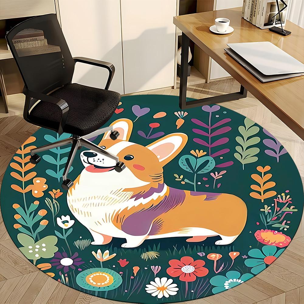 1pc Floral Corgi Office Round Area Rug, Under Office Chairs Bedroom Living Room Home Decor, Room Deco