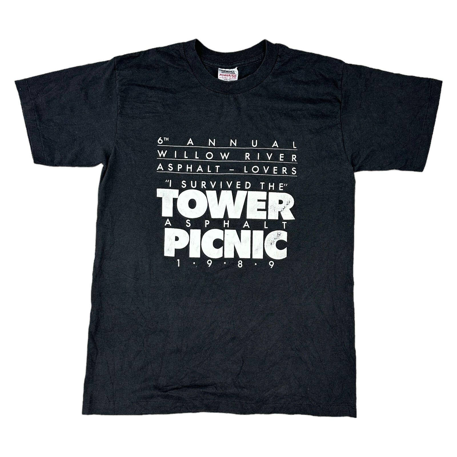 

Vintage Oneita Single Stitch T-Shirt Mens Womens Tees Top Tower Asphalt Picnic 1989 Black Mens 2XL